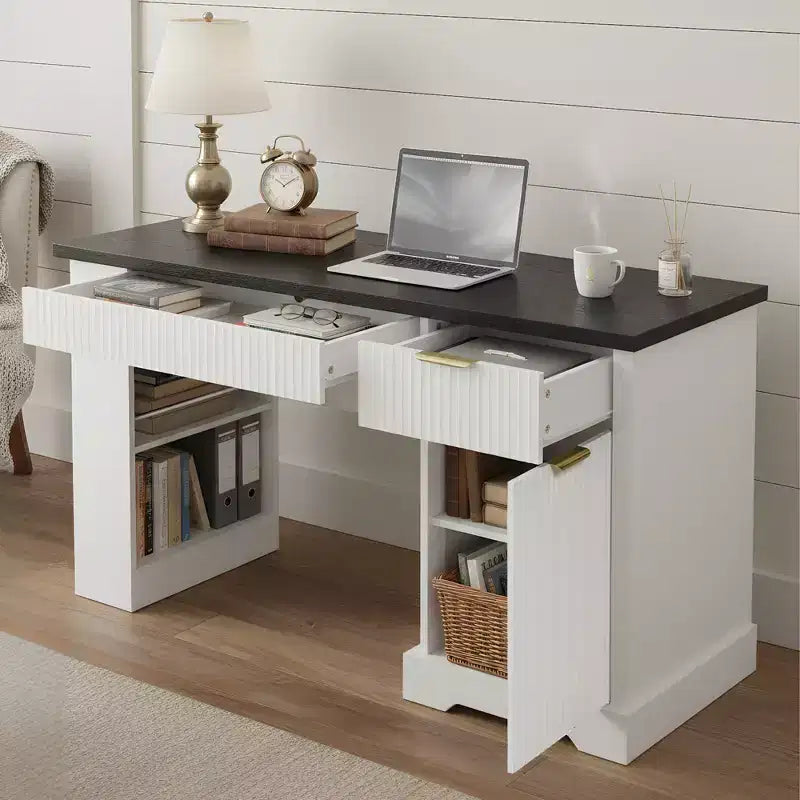 GDFStudio Haoran 55 Modern Fluted Office Desk with Power Outlet, Keyboard Tray, Door and Drawers