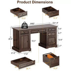 Dyonery 60 Farmhouse Executive Office Desk with Drawers and File Cabinet, Embossed Texture Wood Home Office Desk,Black/Brown/White and brown