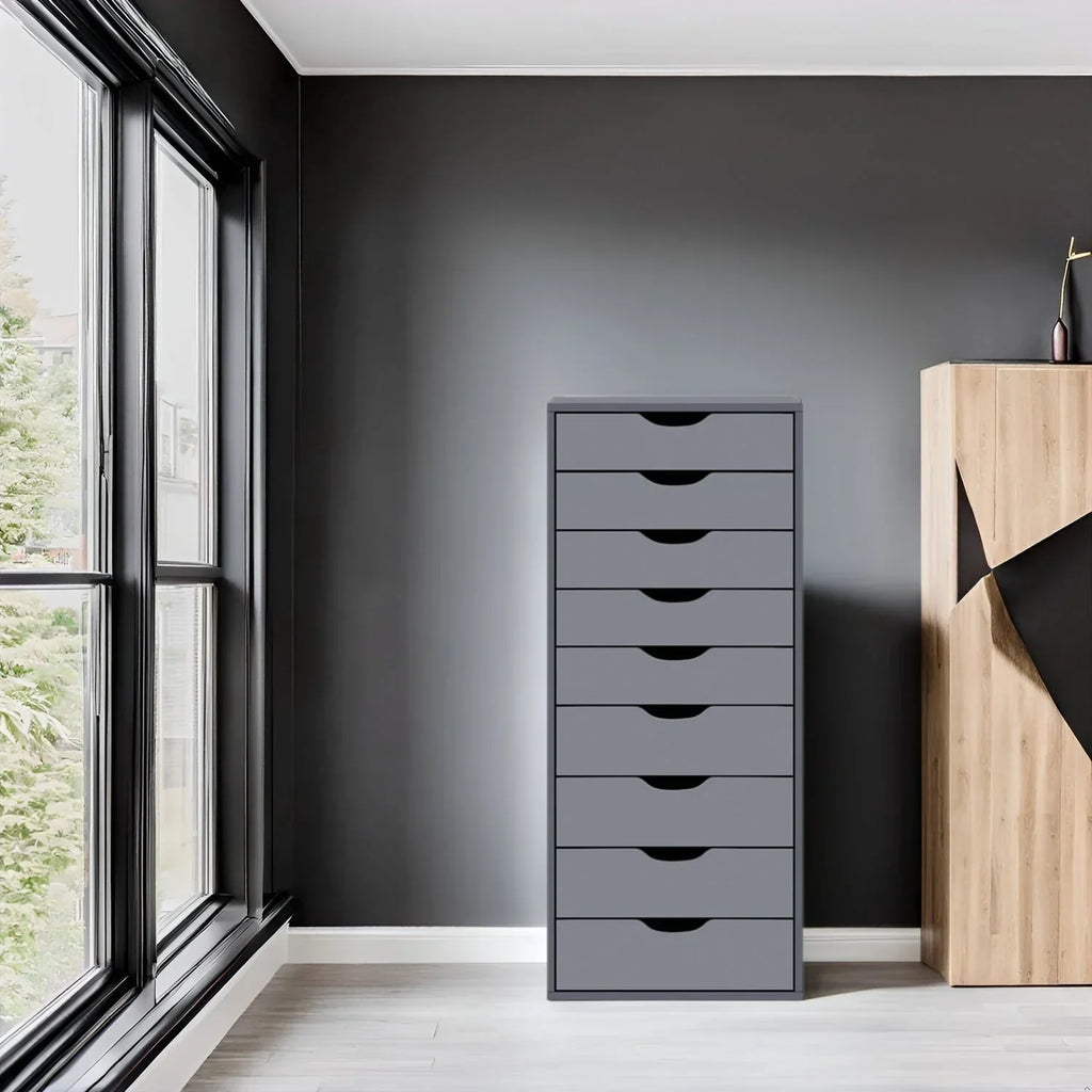 Narrow Wooden 9-Drawer Cabinet with Smooth-Glide Drawers and Top Storage Shelf
