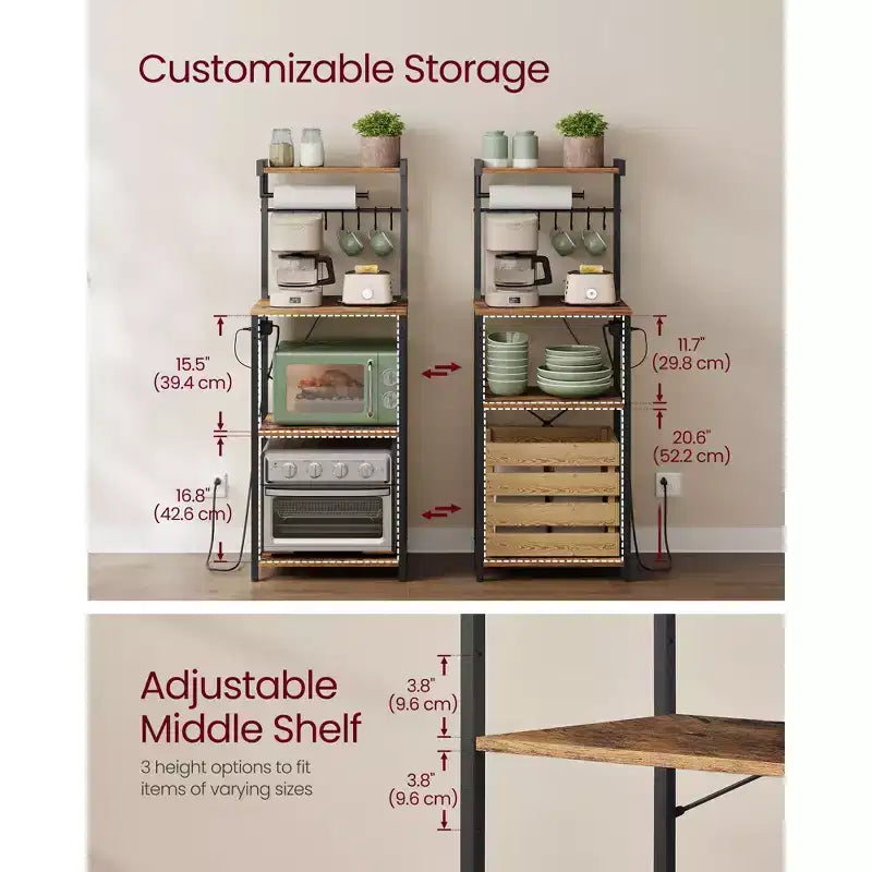 VASAGLE Kitchen Bakers Rack with Power Outlet, Coffee Bar 4-Tier with 8 S Hooks, Microwave Stand, Adjustable Shelf