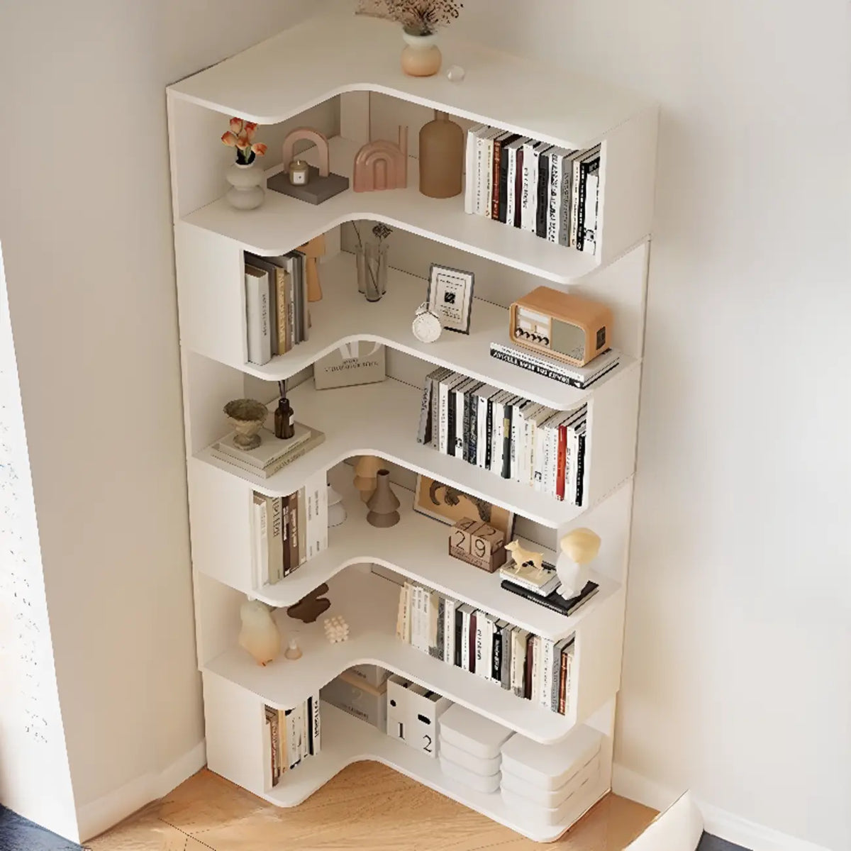 Manufactured Wood Corner Bookshelf with 6 Shelves