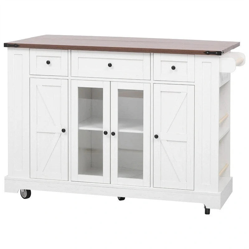 Kitchen Island w/Drop Leaf, 3 Drawers & 5 Open Side Racks, Rolling Kitchen Cart w/ 2 Tempered Glass Cabinet Doors & Power Outlet