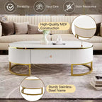 47W Modern Coffee Table Cocktail Table Center Table Accent Table with Drawers, Curved Profile Design, Gold Metal Leg, Oval, White+Gold-ModernLuxe