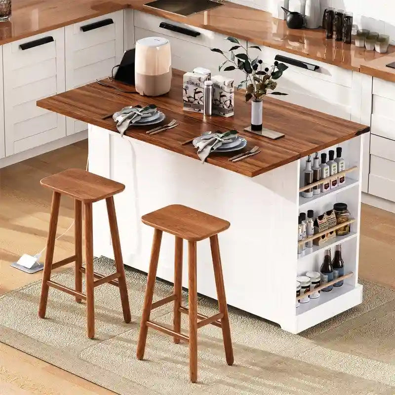 Kitchen Island w/Drop Leaf, 3 Drawers & 5 Open Side Racks, Rolling Kitchen Cart w/ 2 Tempered Glass Cabinet Doors & Power Outlet