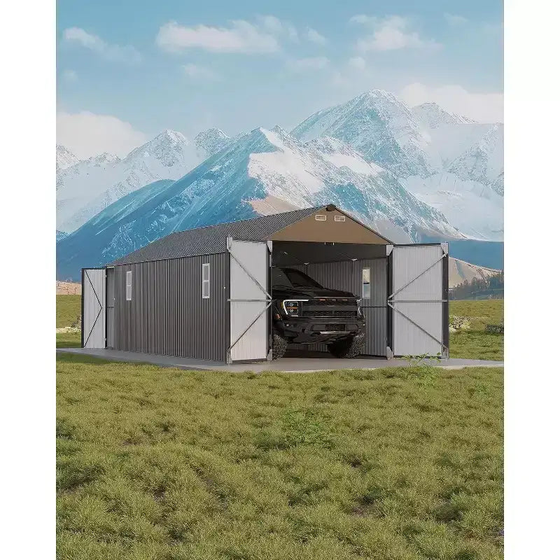 12x25FT Fully Enclosed Metal Carport with Vertical Roof and Steel Frame