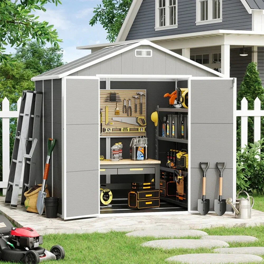6 ft x 4 ft/6 ft x 8 ft/8 ft x 6 ft/8 ft x 10 ft All-Weather Resin Outdoor Plastic Storage Shed w/Floor, Spire Tool Shed