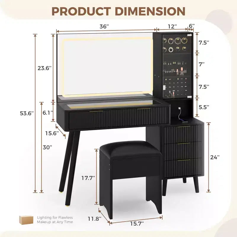 48 Fluted Makeup Vanity Desk with Mirror & LED Lights, Charging Station, Cushioned Storage Stool for Bedroom