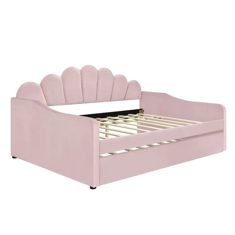Full Size Upholstered Daybed with Shell Backrest and Trundle