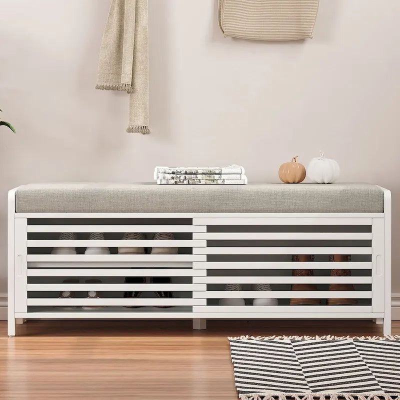 43.30 Solid Wood Storage Bench with Contemporary Distressed Blinds
