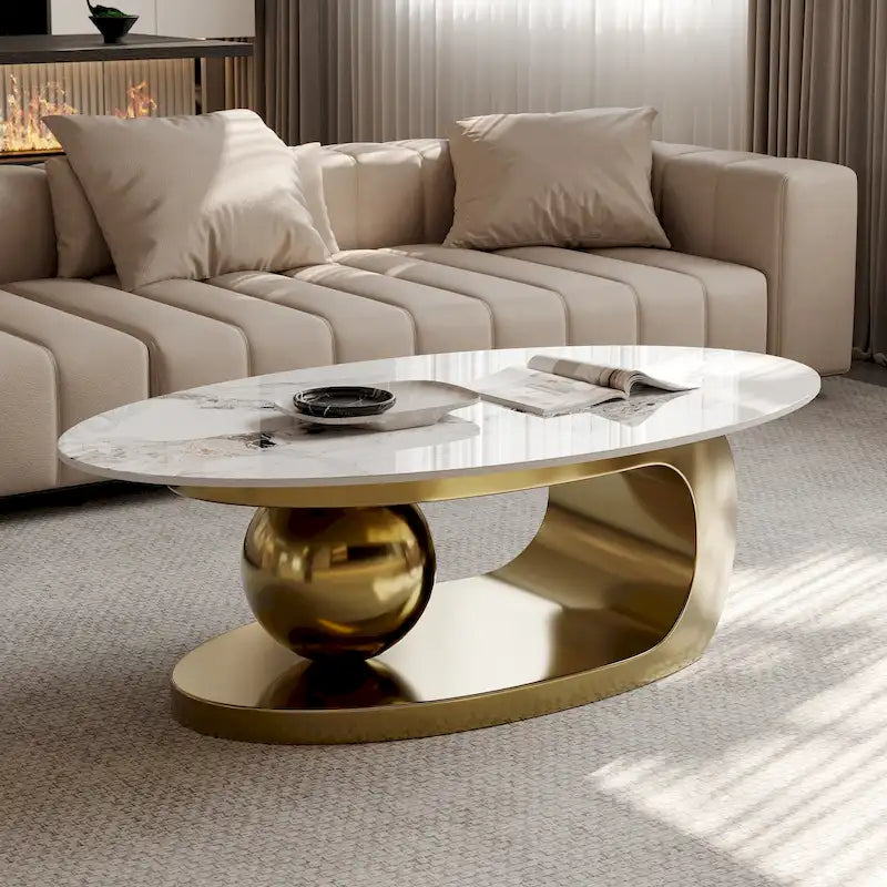51 Modern Pandora Oval Coffee Table with Glossy Sintered stone top, Luxury Coffee Table, Stainless Steel Legs for Livingroom