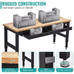 60 Inches Workbench, Rubber Wood Tabletop Work Table with 2 Drawers and Pegboard, 3000 LBS Heavy Duty Adjustable Height Work Bench with Power Outlets
