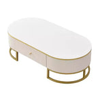 47W Modern Coffee Table Cocktail Table Center Table Accent Table with Drawers, Curved Profile Design, Gold Metal Leg, Oval, White+Gold-ModernLuxe