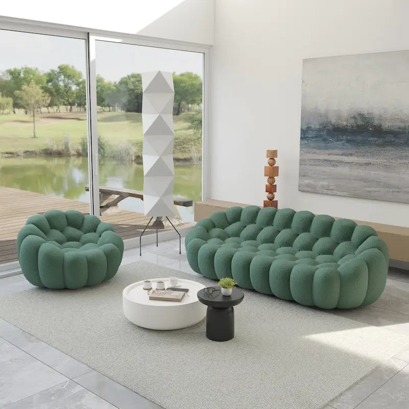 2PCS 3D Honeycomb Fabric Upholstered Bubble Sofa, 3 Seater Bubble Couch and Single Sofa for Living Room