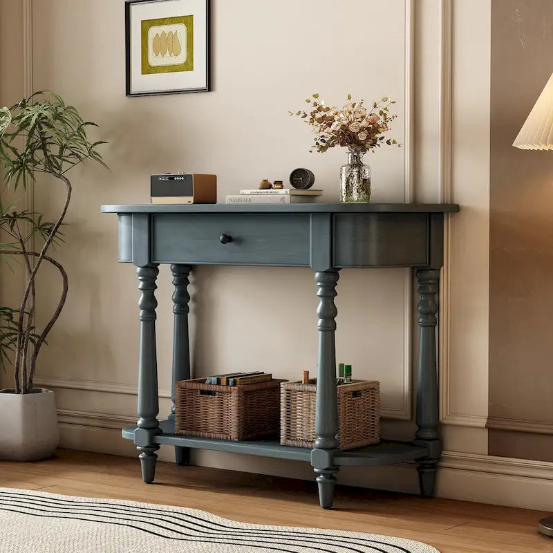 Retro Narrow Console Table with Curved Corner, Top Drawer & Open Shelf