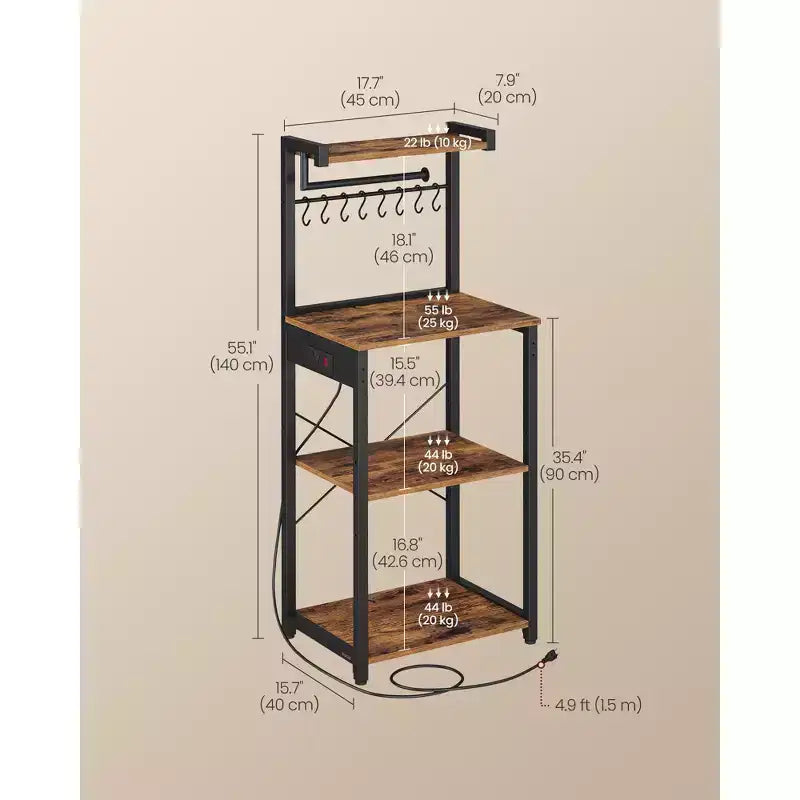 VASAGLE Kitchen Bakers Rack with Power Outlet, Coffee Bar 4-Tier with 8 S Hooks, Microwave Stand, Adjustable Shelf