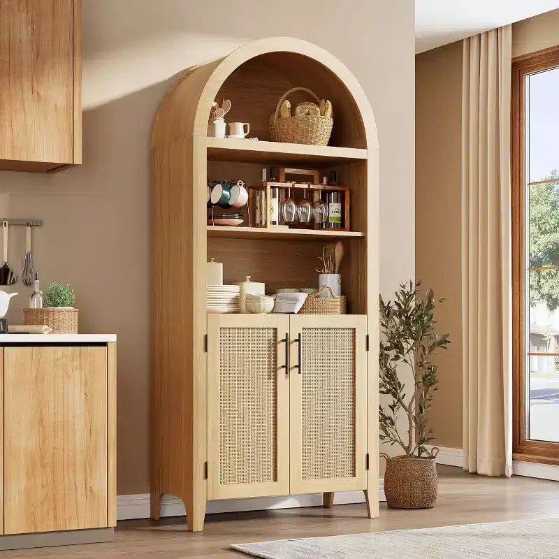 Acekool Arched Pantry Cabinet with Rattan Doors, 5-Tier Farmhouse Storage Cabinet for Kitchen Dining Living Room