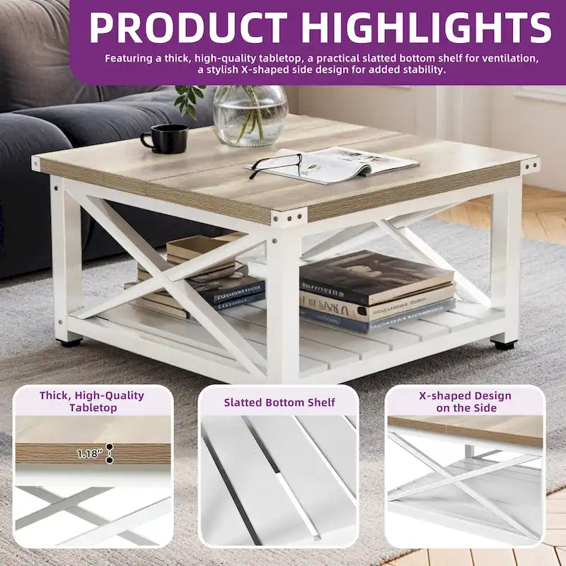 Moasis Farmhouse Square Lift Top Coffee Table with Storage Shelf for Living Room