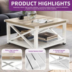 Moasis Farmhouse Square Lift Top Coffee Table with Storage Shelf for Living Room