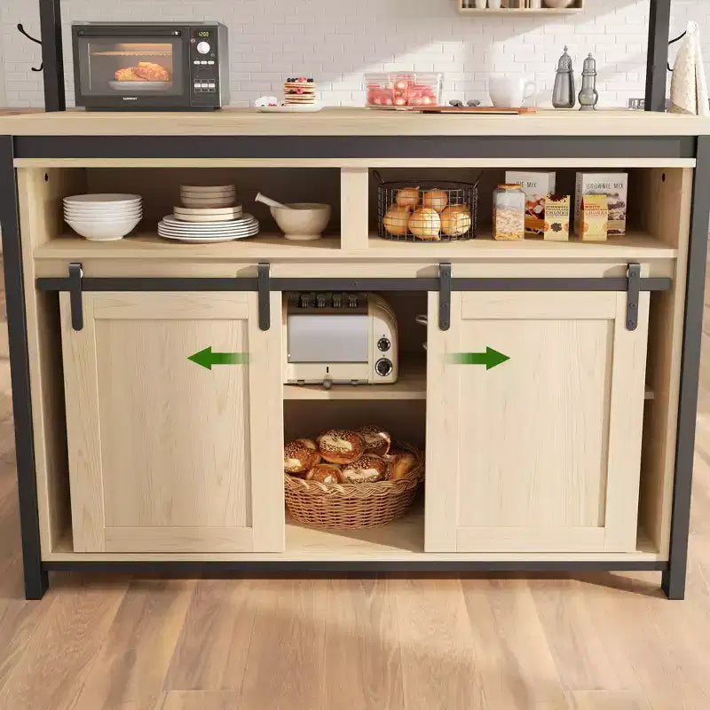 Kitchen Island , Bakers Rack with Sliding Barn Door 42 Large Kitchen Island Table with 3-Tier Microwave Stand Oven Shelves Coffee Bar Table Set