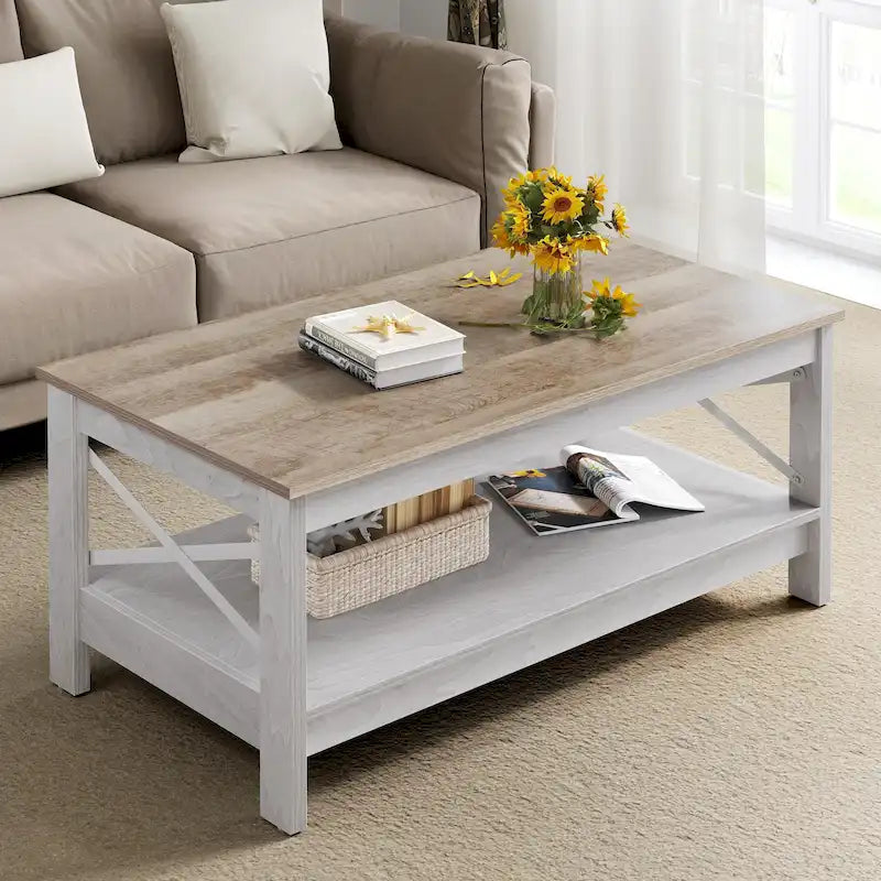 Farmhouse Coffee Table with Storage 2-Tier Center Table for Living Room