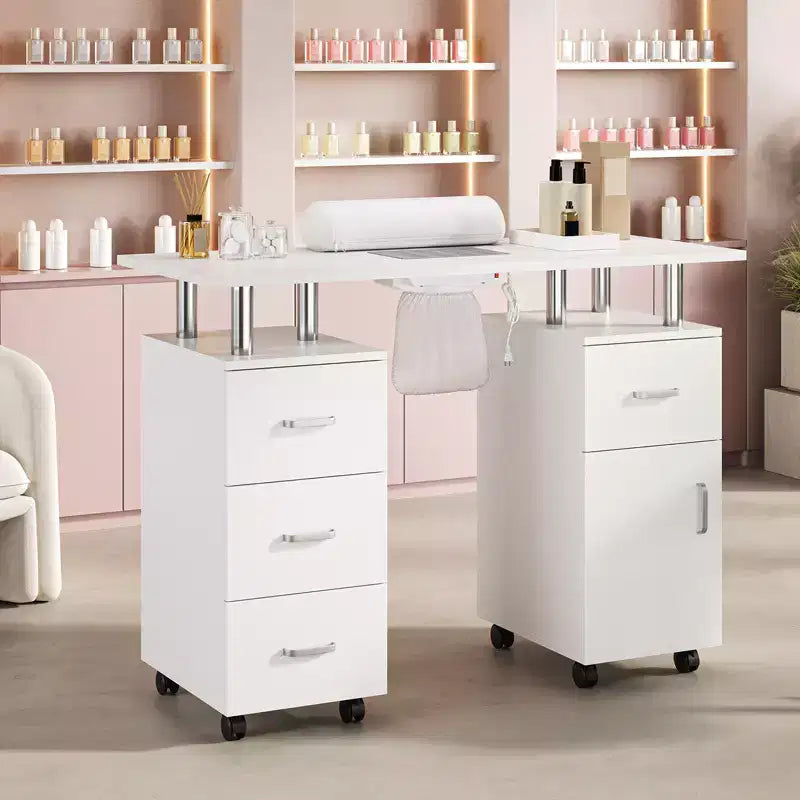 Manicure Table Nail Desk Station with Dust Collector, Locking Castors, Wrist Cushion & Storage for Home, Nail Tech & Beauty Salon