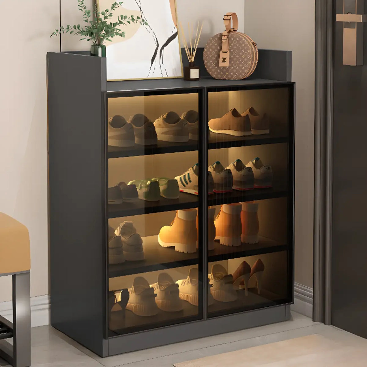 Led-lit Shoe Cabinet with Adjustable Shelves Transparent Doors