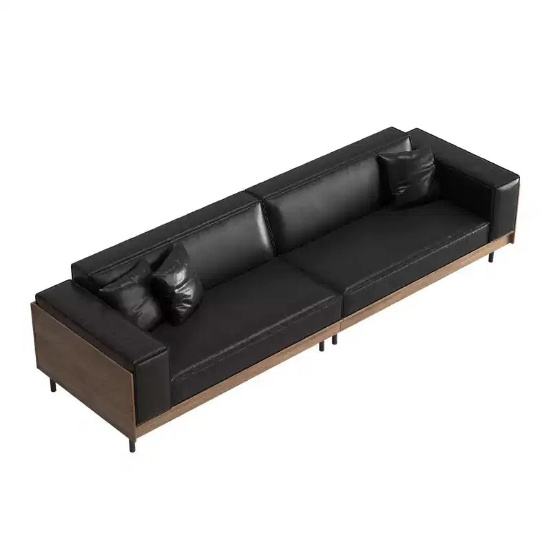 98.42 Contemporary Leather Sofa Couch with Solid Wood Frame, Metal Legs and 3 Accent Pillows
