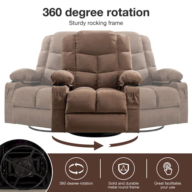 Grey Oversized Recliner with Heat and Massage, 150 Recline, 30 Rocking, USB Charging, and 2 Cup Holders