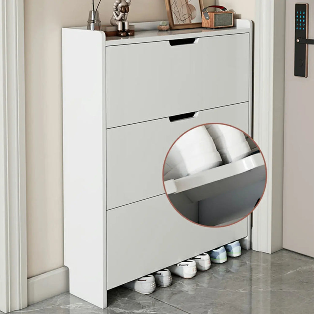 3-Tier White Wood Shoe Cabinet with Drop Front
