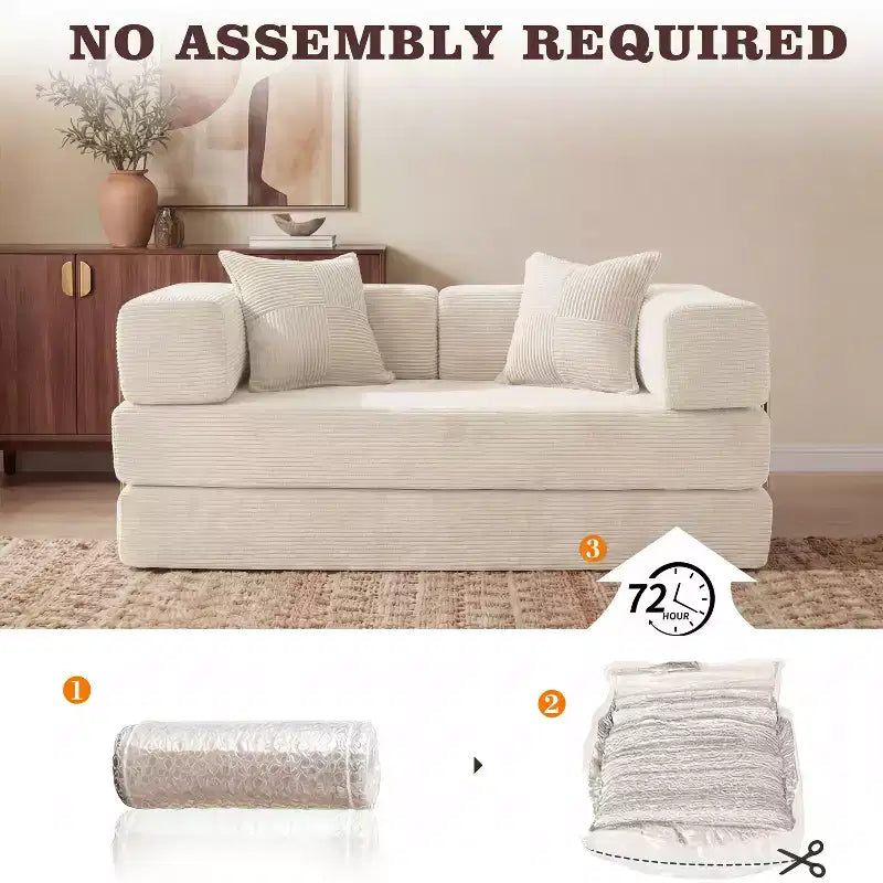 Dyonery 65-in five-in-one folding floor sofa bed, convertible into a double bed sofa bed, with a fixed metal frame, corduroy