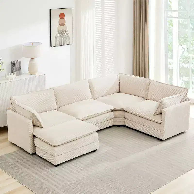 Modern 113.4D*79.13W Oversized Corduroy Modular 5-Seat Sectional Sofa Set with Ottoman U Shaped Sofa Couch with Corner Sofa,HYLEORY