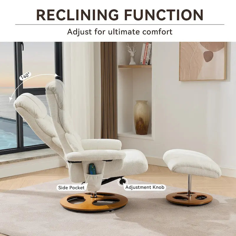 Chenille 360 Swivel Massage Recliner Chair with Ottoman, Massage and Heated Seat