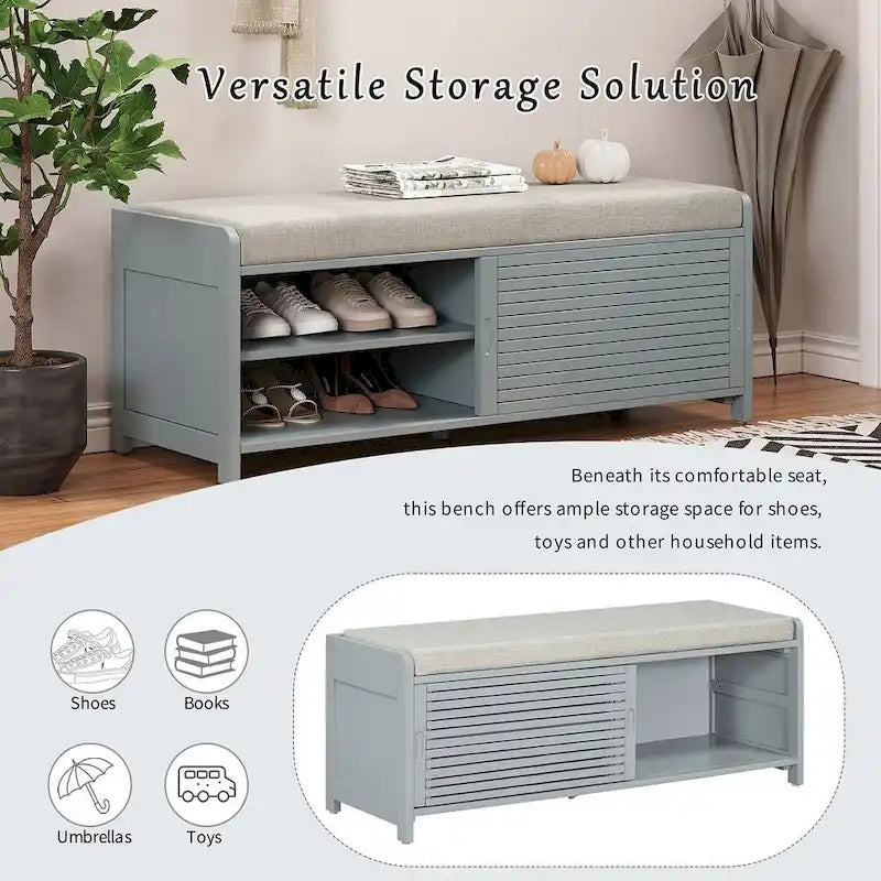 43.30 Solid Wood Storage Bench with Contemporary Distressed Blinds