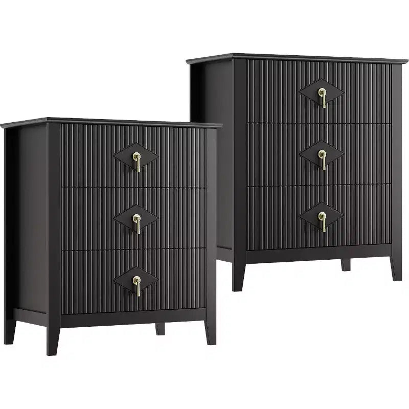 2Pcs Fluted Wood Nightstands, 27.5 Wide 3-Drawer Dresser Set, Modern Bedside Tables, Chest of Drawers for Bedroom, Living Room