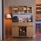 72 Farmhouse Bar Cabinet with Sliding Barn Door  Large Kitchen Buffet with Hutch, Charging Station, 2 Drawers & 8 Storage Shelves  Coffee