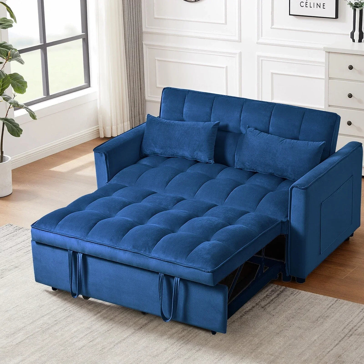 Modern Pull-Out Couch Bed, 3-in-1 Sleeper Sofa with Adjustable Backrest, Velvet Loveseat, Pillows & Side Pockets