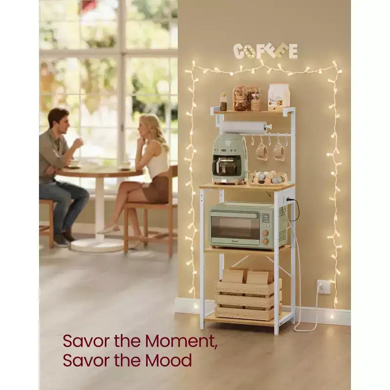 VASAGLE Kitchen Bakers Rack with Power Outlet, Coffee Bar 4-Tier with 8 S Hooks, Microwave Stand, Adjustable Shelf