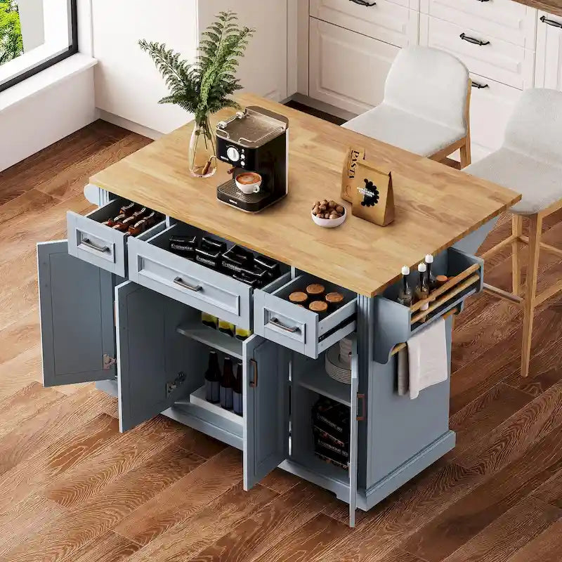 54  Large Kitchen Island with Rubber Wood Drop Leaf, Embossed Texture Rolling Kitchen Cart on 4 Wheels with 4 Doors & 3 Drawers