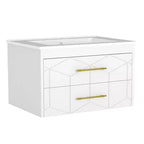 Modern Floating Bathroom Vanity Set with Basin - Wall-Mounted Cabinet with Soft-Close Storage Drawer and Gold Handle, 24 or 30 Size