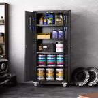 Garage Storage Cabinet with Wheels & Pegboard, 72 H Locking Metal Storage Cabinet with 2 Doors & 4 Adjustable Shelves for Garage Workshop