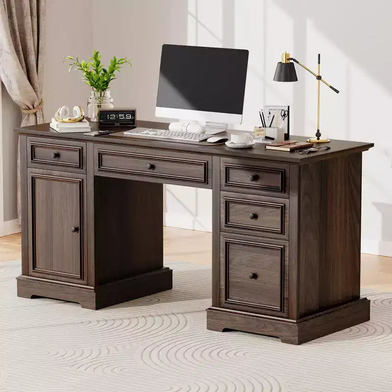 Dyonery 60 Farmhouse Executive Office Desk with Drawers and File Cabinet, Embossed Texture Wood Home Office Desk,Black/Brown/White and brown