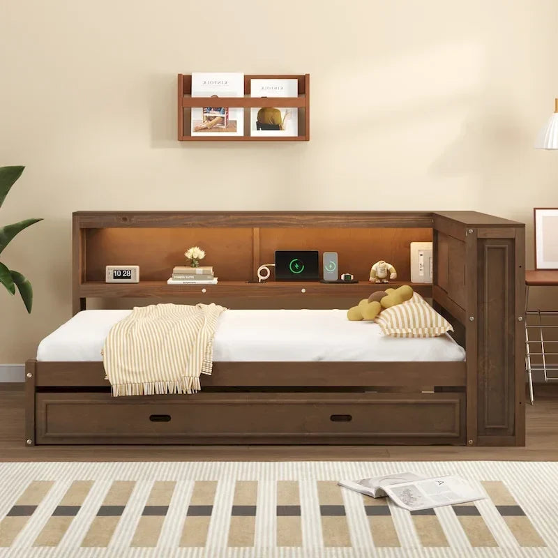 Full Daybed with Shelves, USB Charging, LED Lights & Twin Trundle