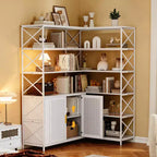 Corner Bookshelf - 6 Tier Corner Book Shelf with Storage, Farmhouse L Shaped Book-Shelf with Cabinet, Modern Industrial Bookcase for Home Office
