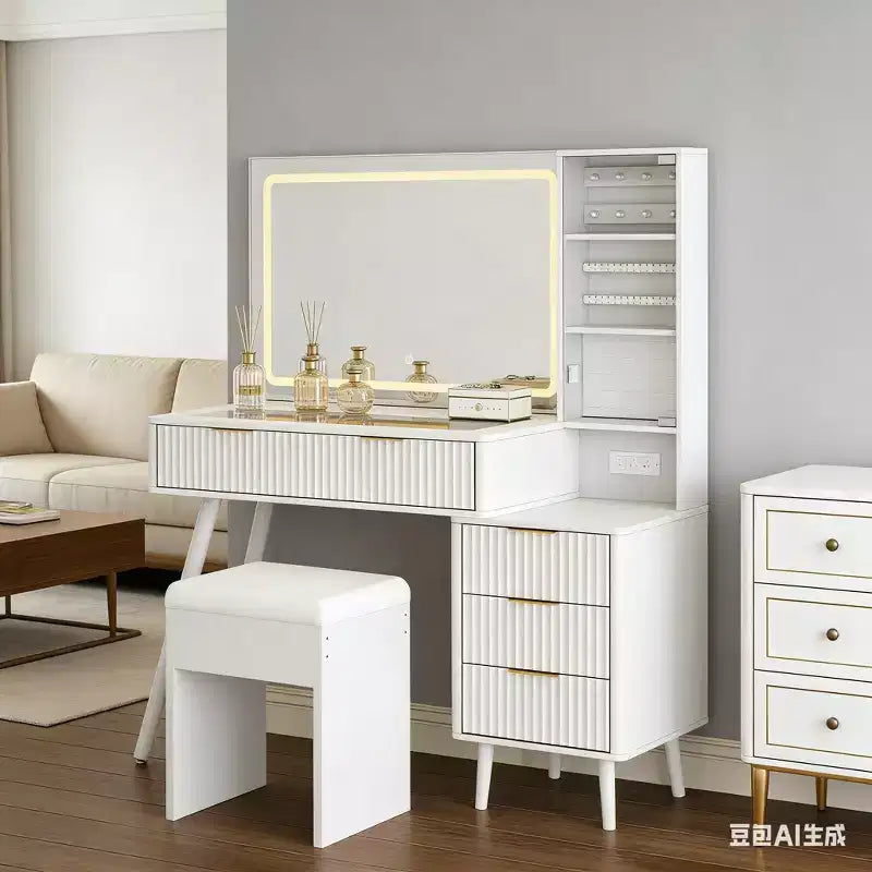 48 Fluted Makeup Vanity Desk with Mirror & LED Lights, Charging Station, Cushioned Storage Stool for Bedroom