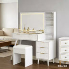 48 Fluted Makeup Vanity Desk with Mirror & LED Lights, Charging Station, Cushioned Storage Stool for Bedroom