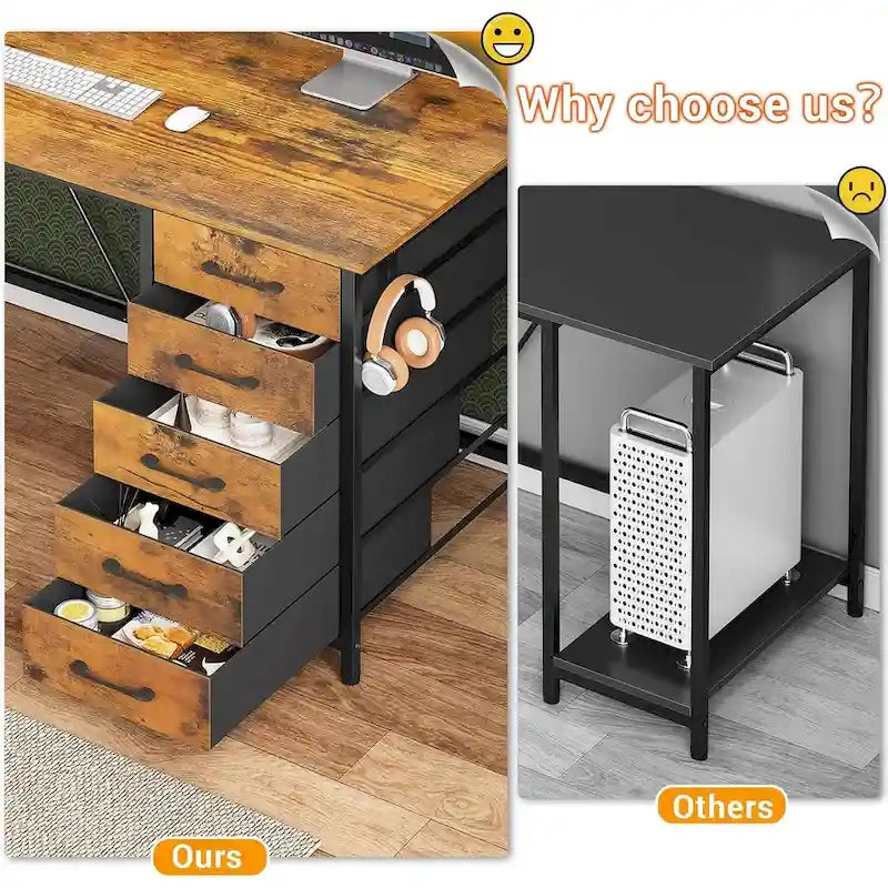 L Shaped Gaming Desk Computer Desk Pegboard 5 Drawers Storage Shelf