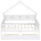 Full Size House Bed Frame with Drawers, House Platform Bed with LED Lights, Storage Shelves & Drawers, Wood Daybed with Roof and Guardrail