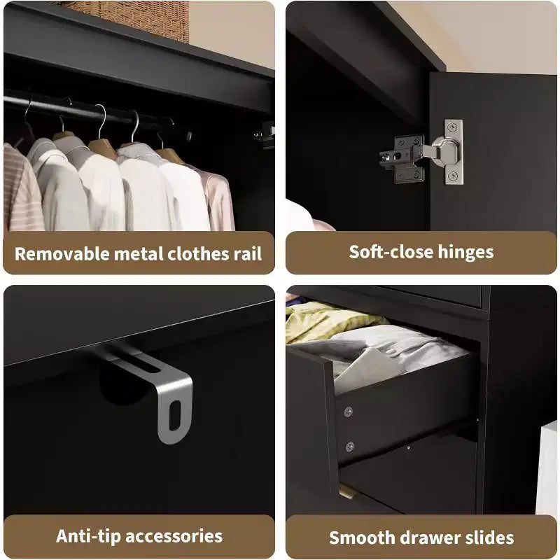 2-Door Wardrobe Cabinet with 3 Drawers & Hanging Rod