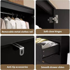 2-Door Wardrobe Cabinet with 3 Drawers & Hanging Rod