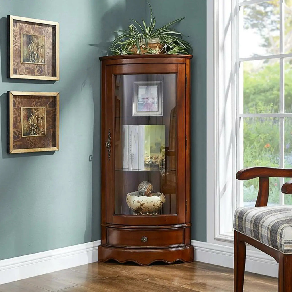 Classic Brown Rubberwood Corner Cabinet with Glass Door